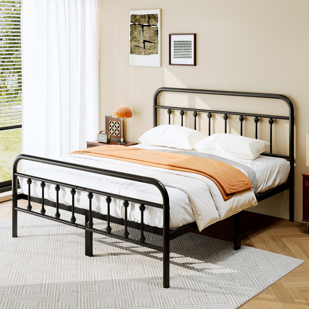 zunatu Queen Size Metal Platform Bed Frame/Victorian Style Headboard and Footboard/Steel Slat Support/Easy Assembly/No Box Spring Needed/Underbed Storage/Noise Free/Black zunatu