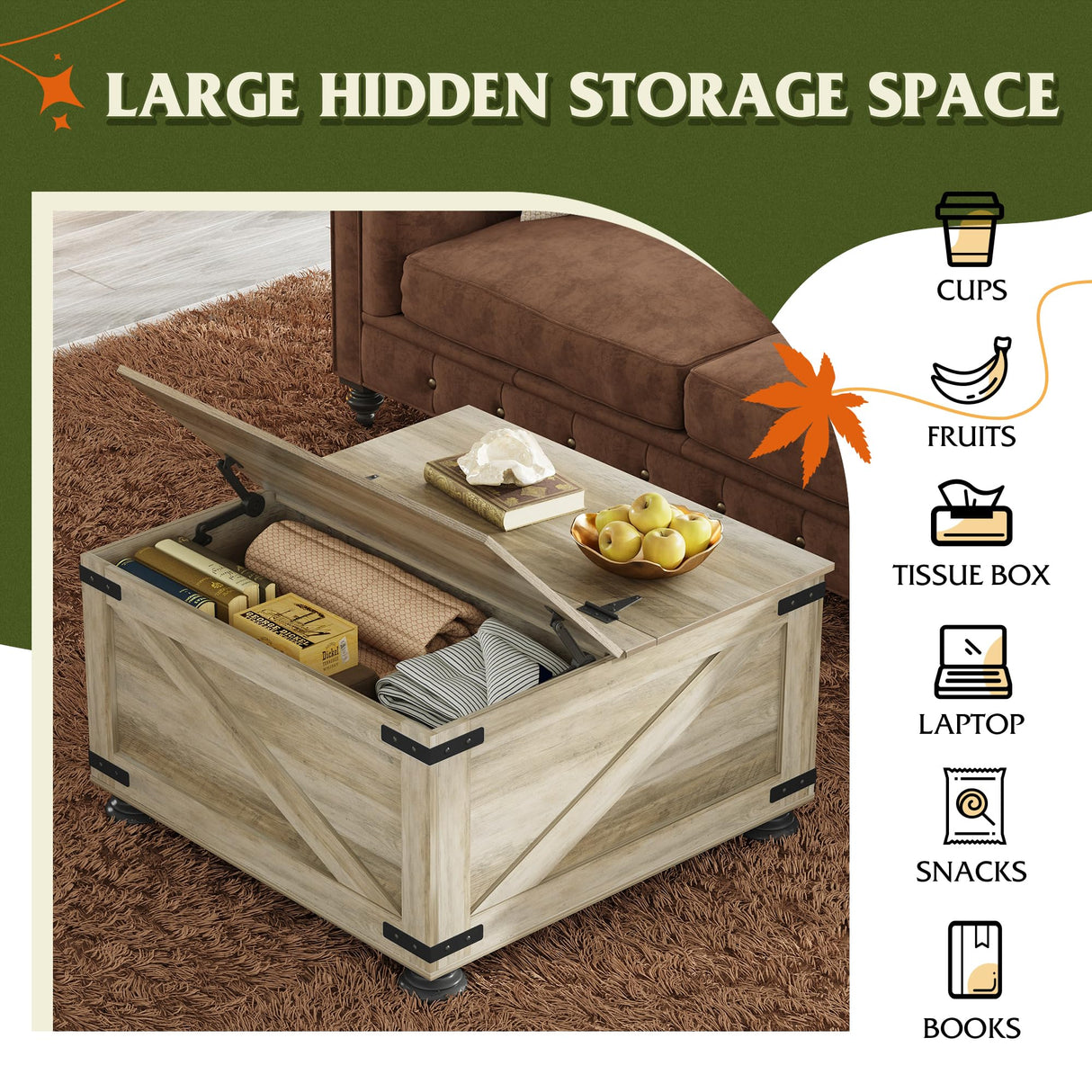 WLIVE Coffee Table, Farmhouse Flip Top Coffee Table with Storage, Square Center Table for Living Room, Bedroom and Office, Grey Oak WLIVE