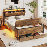 Fameill Full Size Bed Frame with Storage Ottoman and 2 Drawers, Farmhouse Metal Platform Bed with Headboard, LED Lights and Charging Station, No Box Spring Needed, Noise Free, Brown Fameill