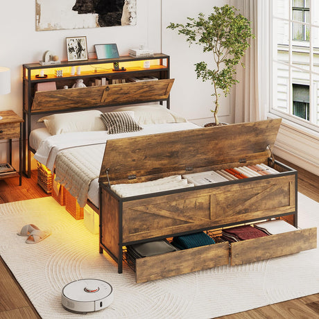 Fameill Full Size Bed Frame with Storage Ottoman and 2 Drawers, Farmhouse Metal Platform Bed with Headboard, LED Lights and Charging Station, No Box Spring Needed, Noise Free, Brown Fameill