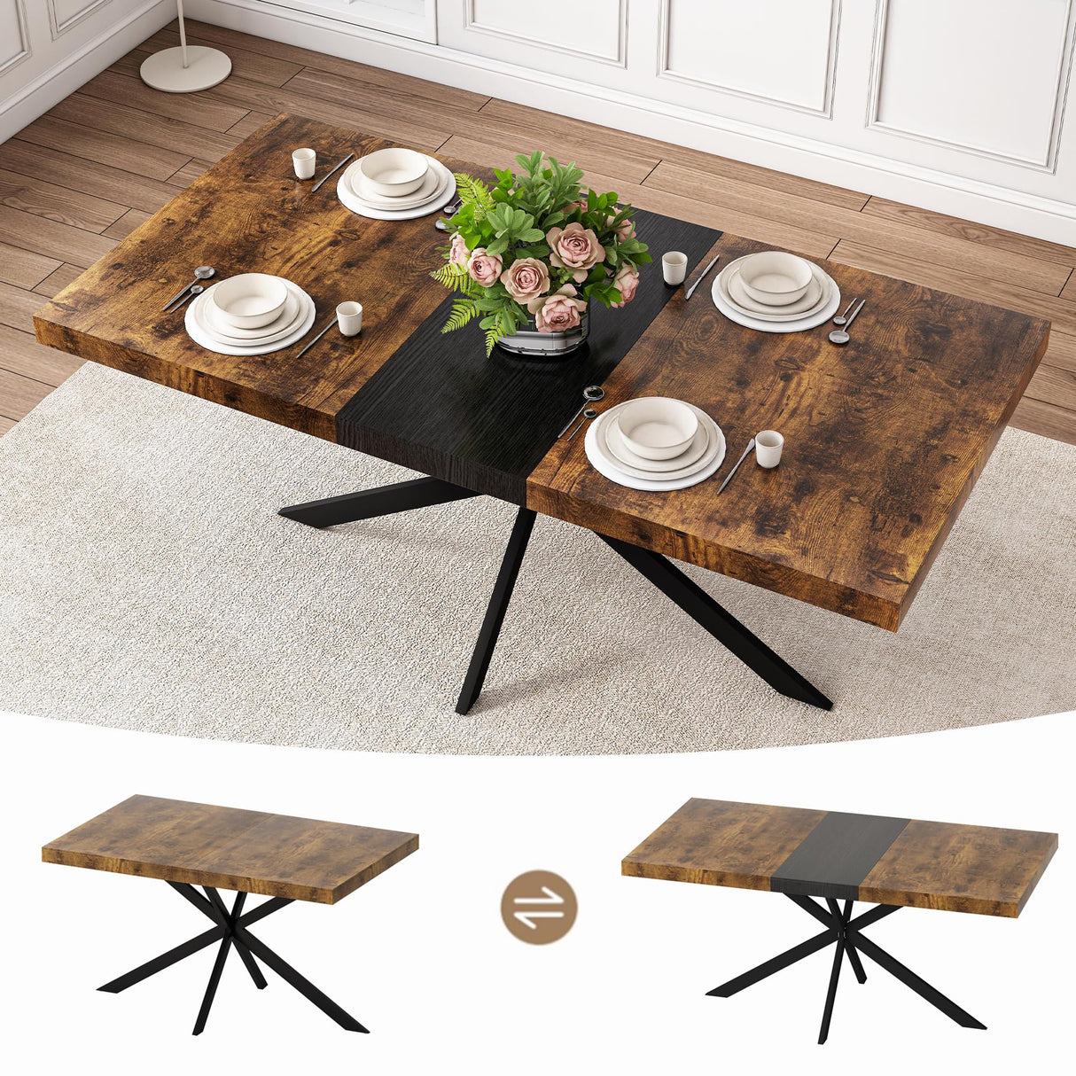55" -70" Extendable Dining Room Table for 4 6 People,Modern Rustic Kitchen Expanding Table,Wooden Long Large Expandable Dining Room Transformer Table Conference Table for Kitchens,Walnut Ufurpie