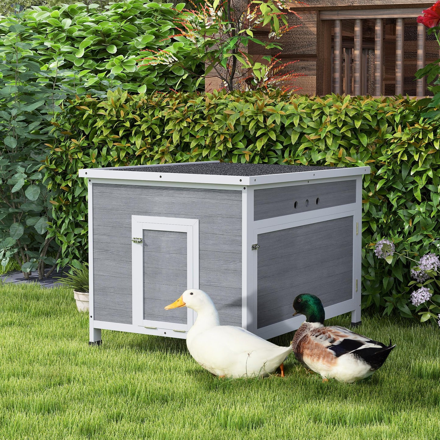 PawHut Duck Coop, Wooden Rabbit Hutch with Openable Roof, Removable Floor, Double Doors, Ramp, Weatherproof Pet House, Small Animal Outdoor Shelter for 3-6 Chickens, Geese 30" x 38" x 30"