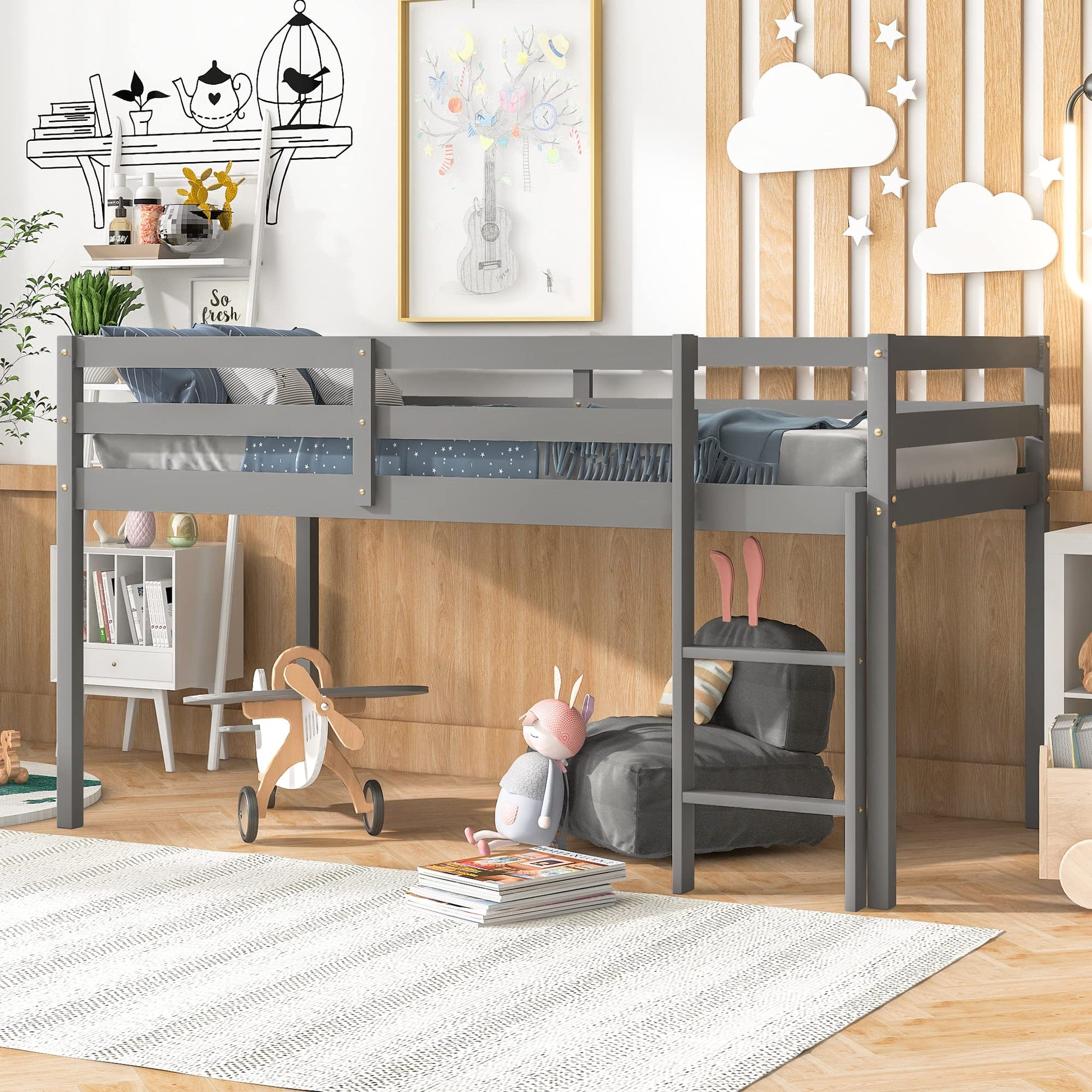 LoLado Twin Loft Bed - Grey Solid Wood Bed Frame with Guard Rails and Built-In Ladder for Kids - WoodArtSupply