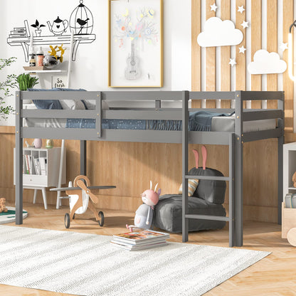 LoLado Twin Loft Bed - Grey Solid Wood Bed Frame with Guard Rails and Built-In Ladder for Kids - WoodArtSupply