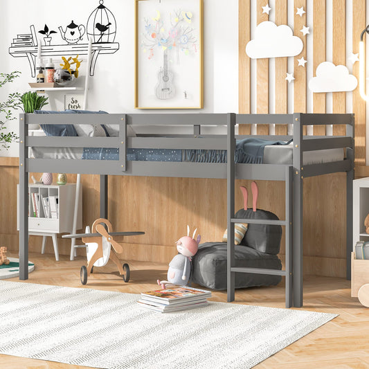 LoLado Twin Loft Bed - Grey Solid Wood Bed Frame with Guard Rails and Built-In Ladder for Kids - WoodArtSupply