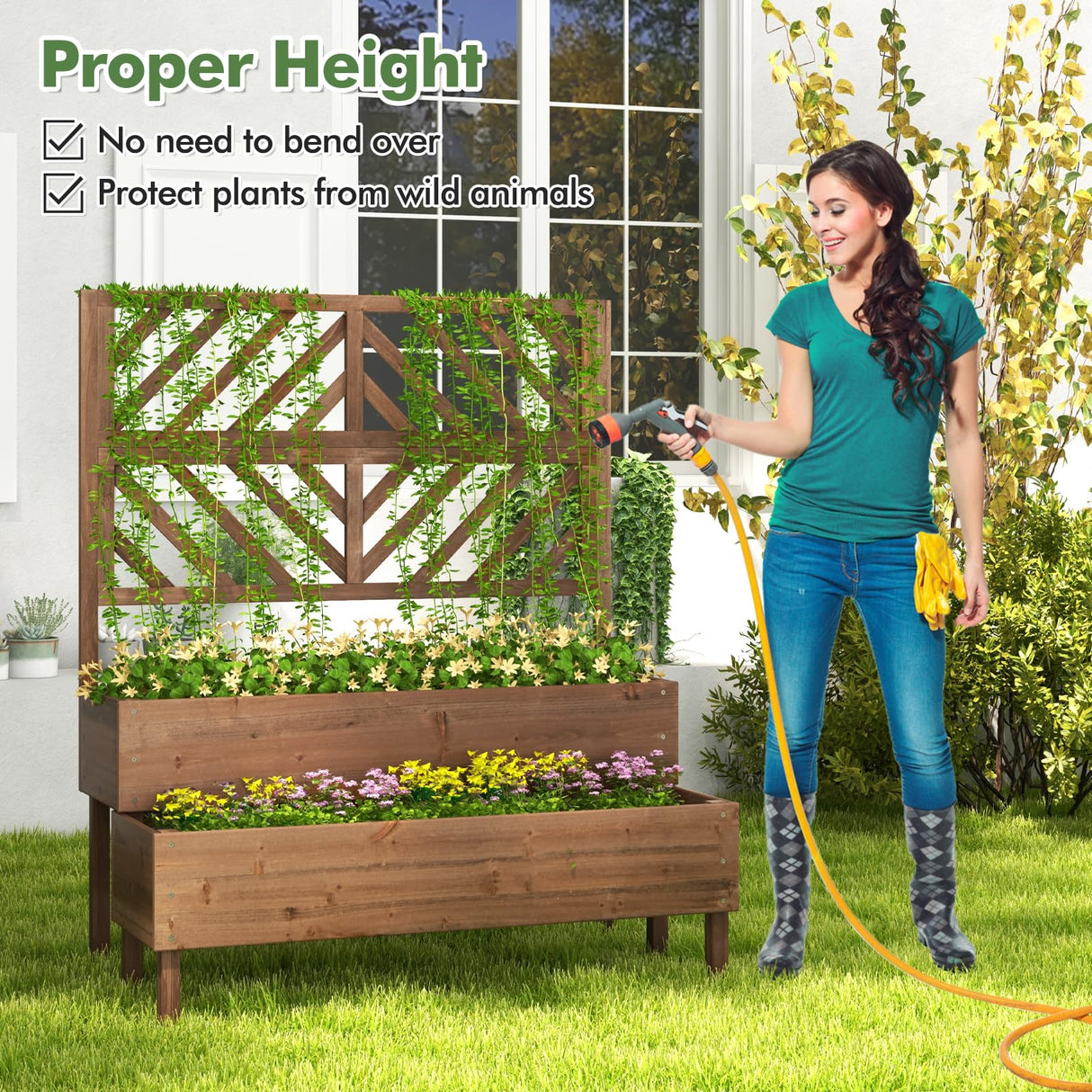 Toolsempire Raised Garden Bed with Trellis & 2 Planter Boxes, 2-Tier Outdoor Wooden Elevated Planter Box with Legs & Drainage Holes, Gardening Planter for Flowers, Herbs, Vegetables & Fruits(Brown) Toolsempire