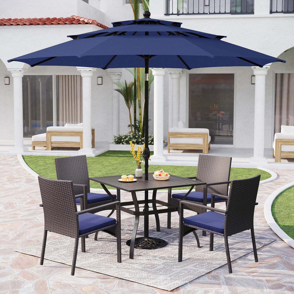 PHI VILLA 5 Piece Outdoor Dining Set with Umbrella, 37" Square Metal Dining Table & Cushioned Rattan Chairs with 10ft Blue Umbrella for Patio, Deck, Yard, Porch PHI VILLA