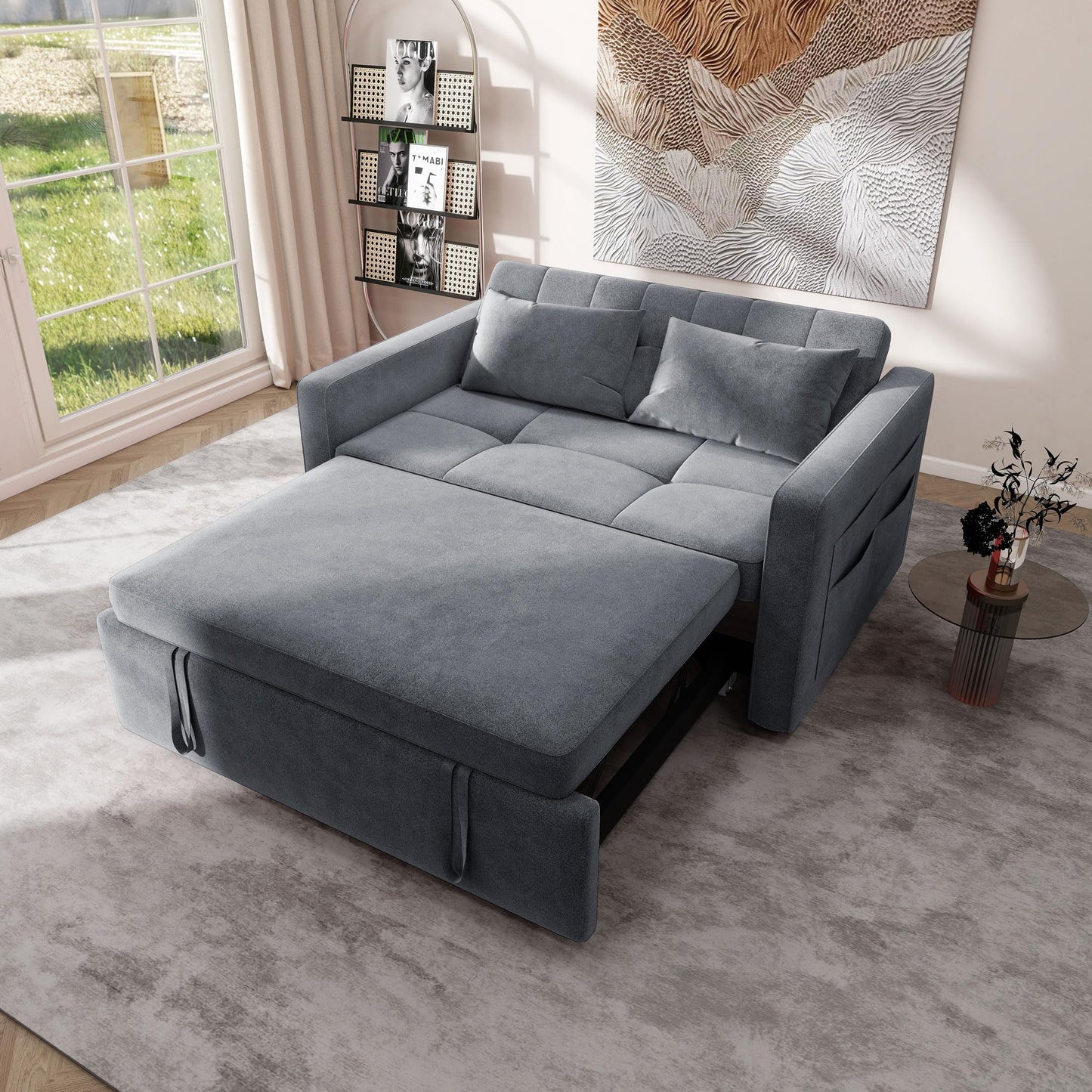 YITAHOME 55" Convertible Sofa Bed, Velvet Sleeper Sofa with Pull-Out Bed, 3-in-1 Futon Couch with Reclining Backrest and Side Pocket, Modern Loveseat for Living Room, Grey, Full Size