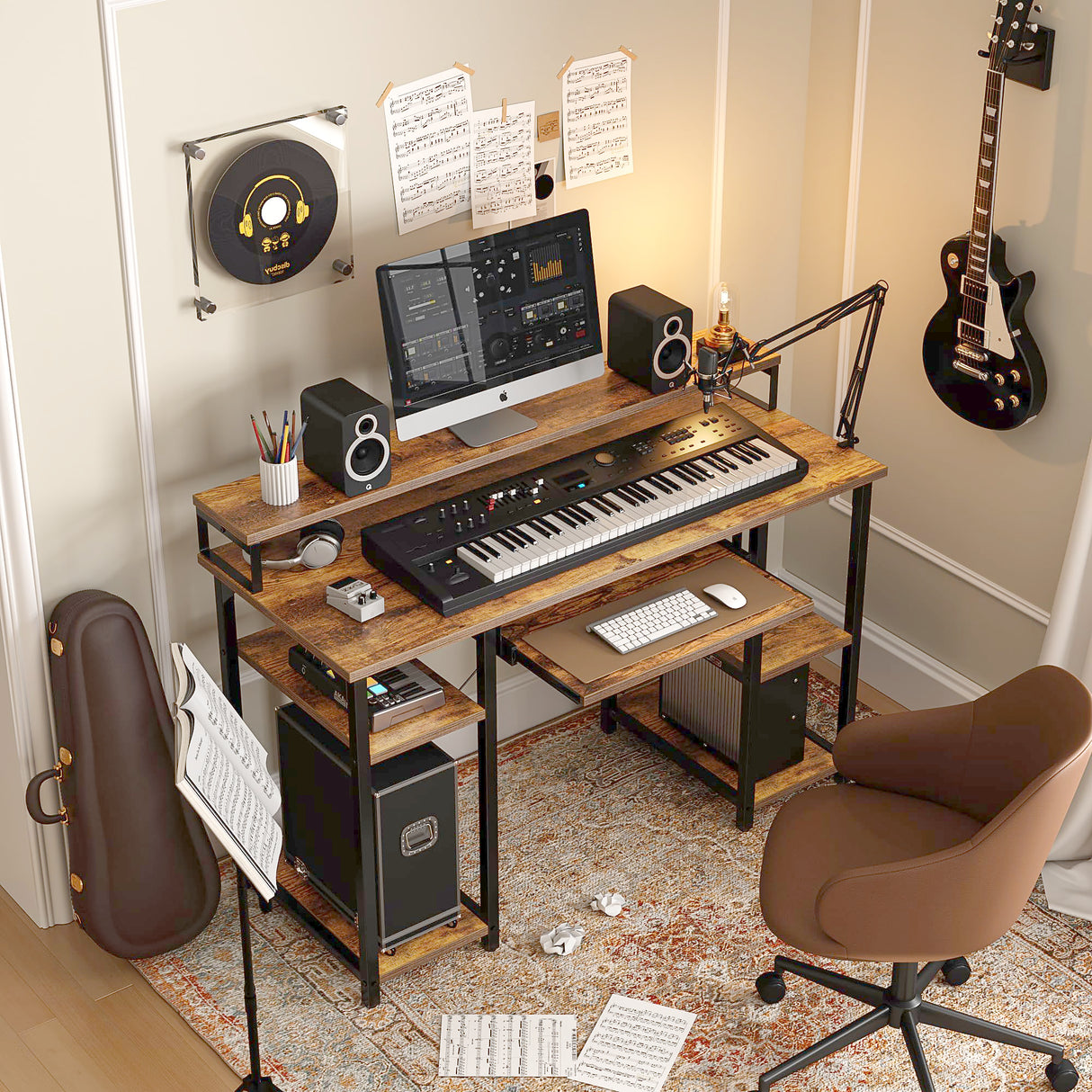 CubiCubi Computer Desk with Keyboard Tray, 47 Inch Office Desk with Monitor Stand and Storage Shelves, Music Studio Desk Workstation, Work Table for Home Office, Rustic Brown CubiCubi