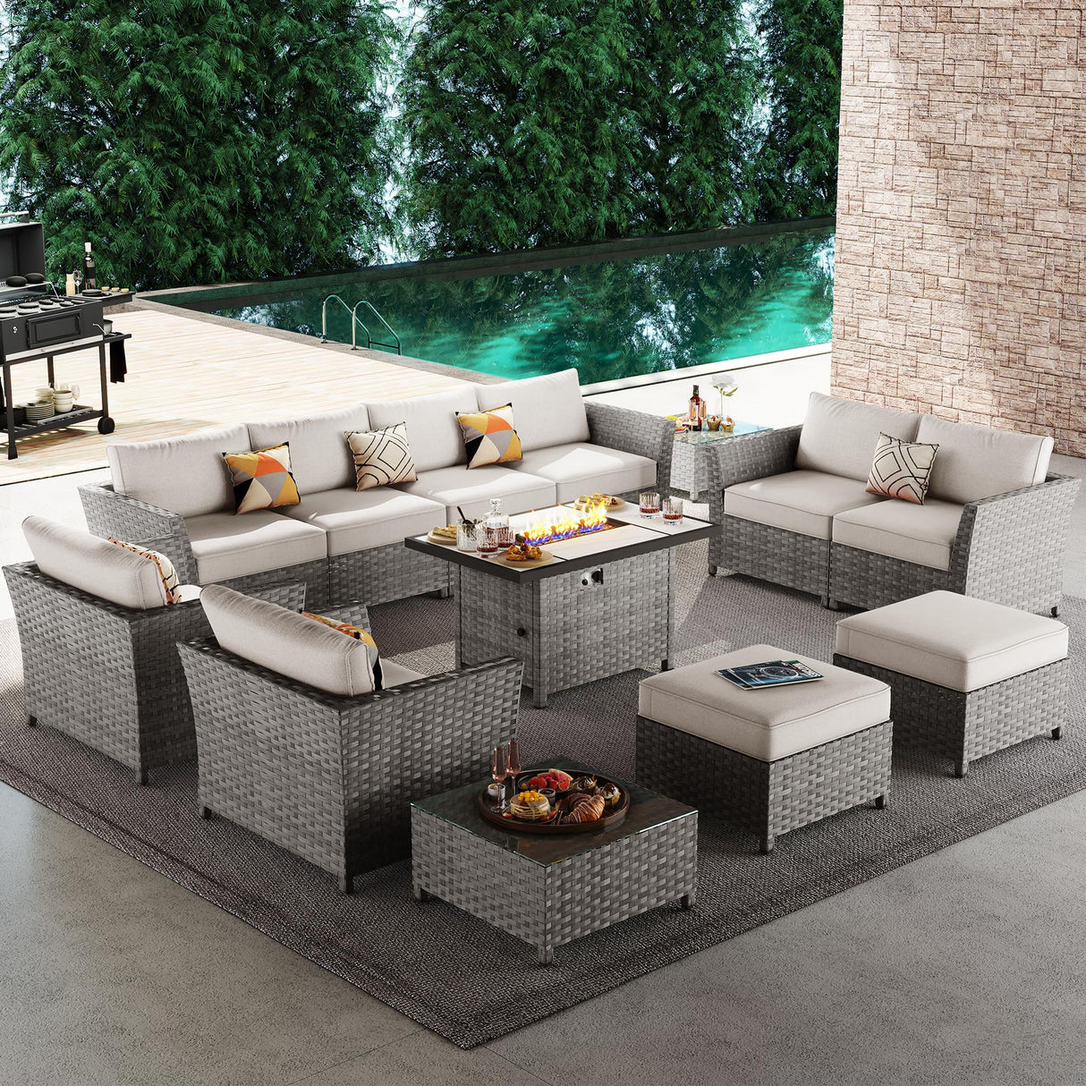 ovios 13 Piece Patio Furniture Set with Fire Pit Table,Outdoor Rattan Wicker Coversation Set with Comfy Seating, Sectional Chairs for Outside Porch Balcony Backyard Pool,Beige ovios