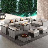 ovios 13 Piece Patio Furniture Set with Fire Pit Table,Outdoor Rattan Wicker Coversation Set with Comfy Seating, Sectional Chairs for Outside Porch Balcony Backyard Pool,Beige ovios