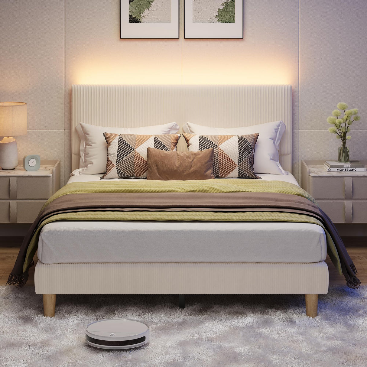 Bestier Queen Bed Frame with Adjustable Headboard, LED Lighting, Vertical Channel Tufted Corduroy Upholstered, Solid Wooden Slats Support, No Box Spring Needed, Never Squeaks, Easy Assembly, Beige Bestier