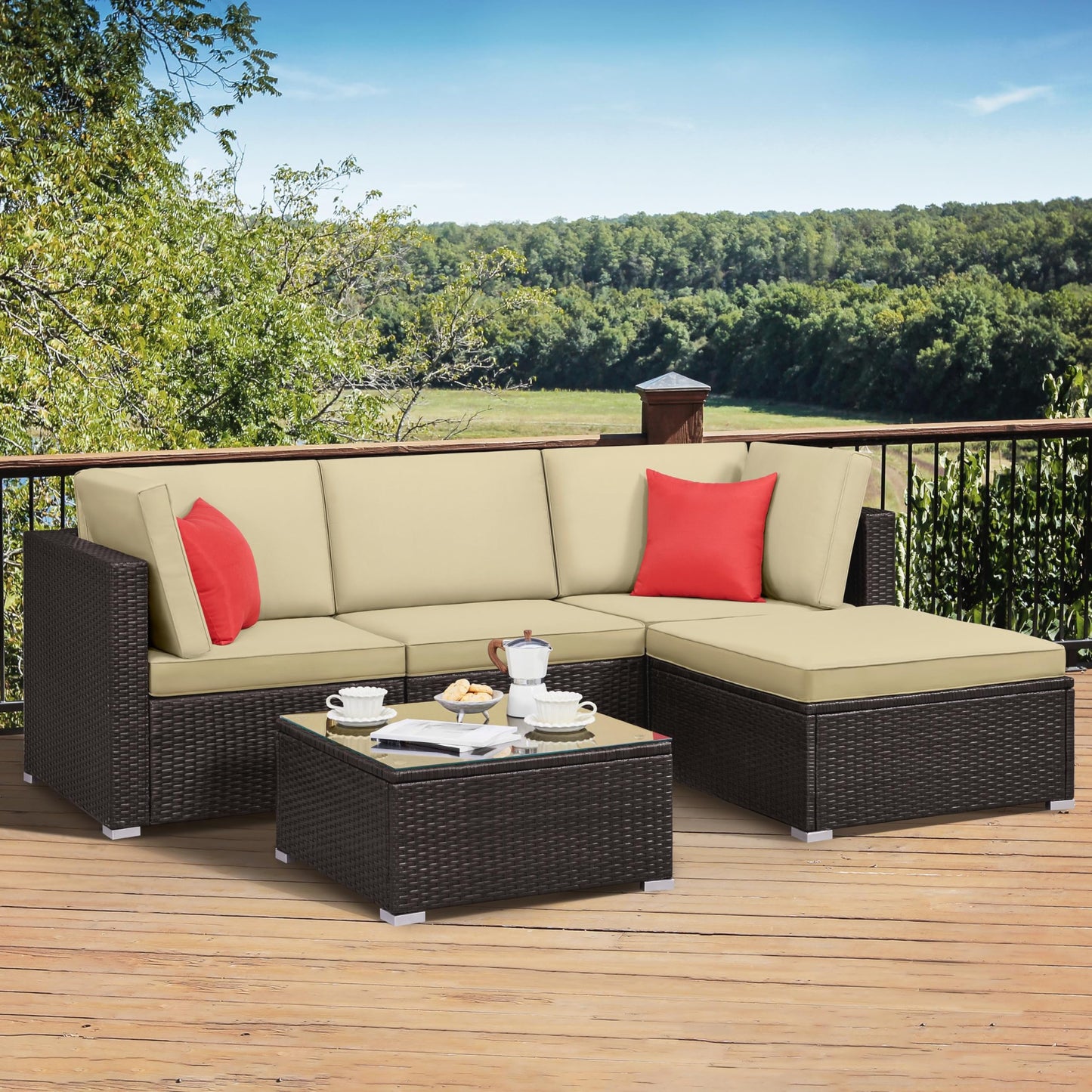 Yaheetech Patio Furniture Set, 5-Piece Outdoor/Indoor Rattan Wicker Sofa Set w/Glass-top Table & Cushions, All-weather Conversation Lounge Set for Porch/Yard/Poolside/Balcony - Brown/Khaki - WoodArtSupply