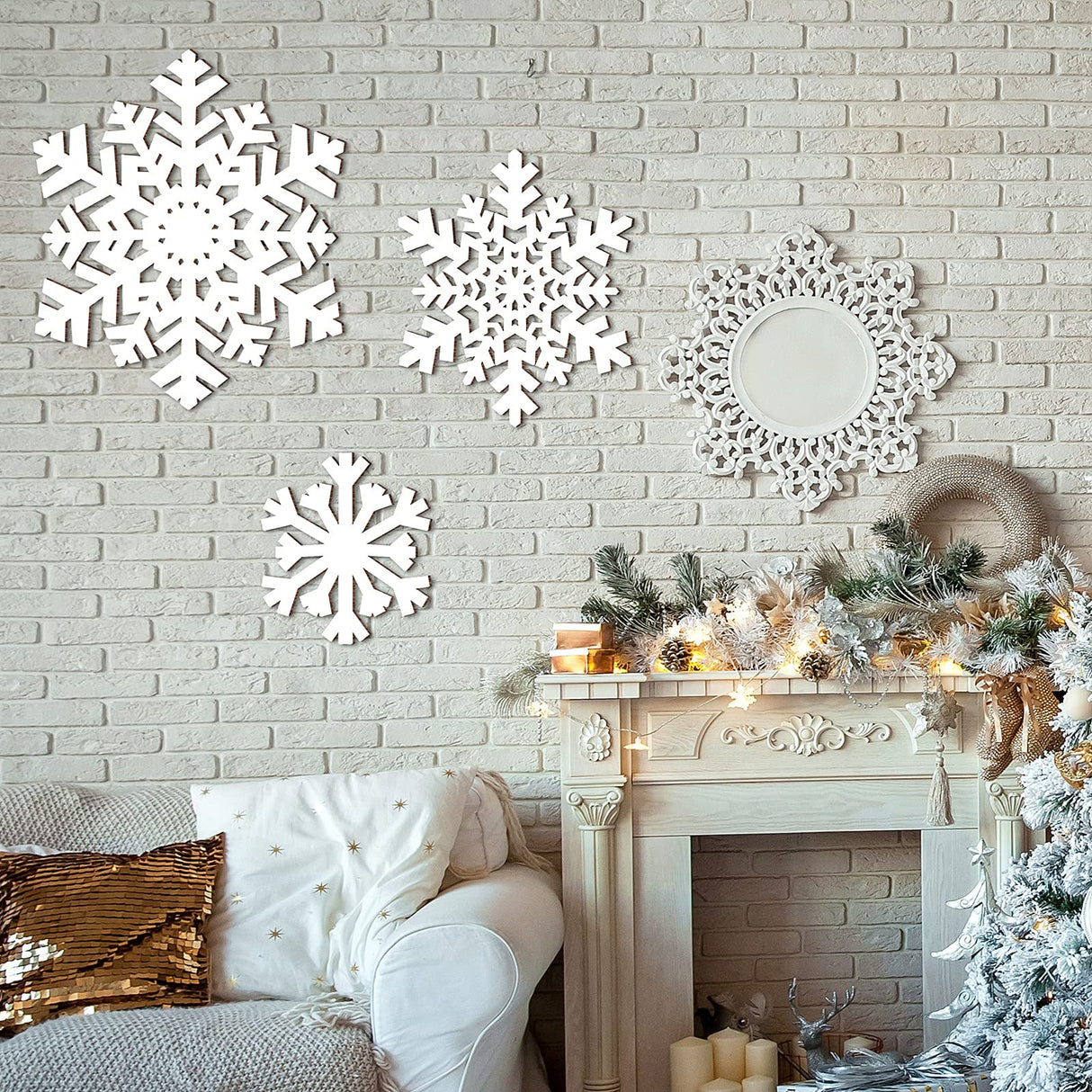 Jetec 3 Pieces Christmas Snowflake Wooden Sign Decoration for Wall Snowflake Shape Sign 3 Sizes Snowflake Hanging Plaques Rustic Wood Wall Holiday Decor for Bedroom Living Room (White, Vivid Style) Jetec