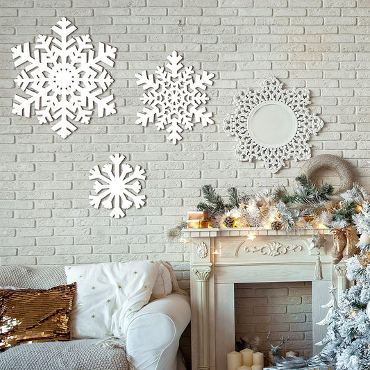 Jetec 3 Pieces Christmas Snowflake Wooden Sign Decoration for Wall Snowflake Shape Sign 3 Sizes Snowflake Hanging Plaques Rustic Wood Wall Holiday Decor for Bedroom Living Room (White, Vivid Style)