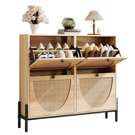 IRONCK Rattan Shoe Cabinet Storage with 4 Flip Drawers, Freestanding Shoe Storage Organizer Cabinet for Entryway, Narrow Shoe Rack Cabinet, Oak IRONCK