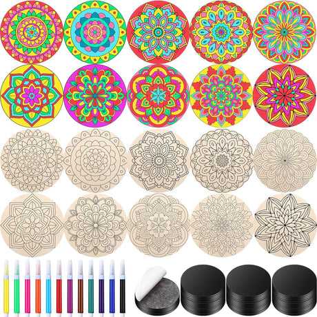 Cinnvoice 104 Pcs Wooden Mandala Magnets DIY Mandala Fridge Magnet Craft Painting Kits Included 40 Unfinished Wood Cutouts 24 Colored Pens 40 Self Adhesive Magnet for Refrigerator Decor(Classic) Cinnvoice