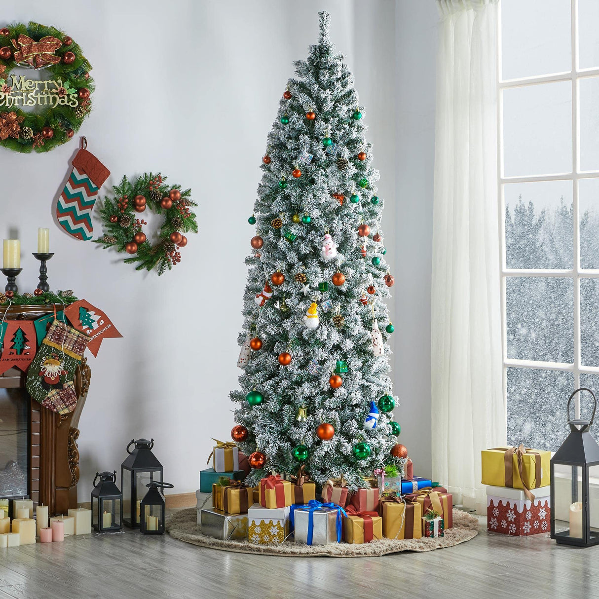 Yaheetech 7.5ft Pre-lit Snow Flocked Pencil Christmas Tree Kingswood Fir Hinged Slim Skinny Corner Xmas Tree with 350 Incandescent Warm White Lights & 1086 Snow Branch Tips, White Yaheetech