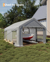 GarveeLife 10x20 Ft Carport, Car Port with 200g PE Tarp, Roll-Up Doors, and 4 Windows, for Sedans, Bass Boats, Motos, ATVs, and SUVs, White GarveeLife