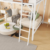KEIKI Full Size Metal Loft Bed Frame with Ladder and Built-in Storage Shelves, for Teens, Modern Style Loft Bed with Solid Slats, Guardrail, No Box Spring Required, Easy Assembly, for Bedroom, White KEIKI