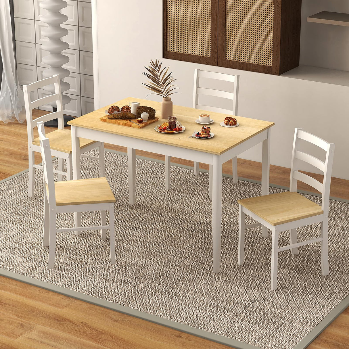 COSTWAY Dining Table Set for 4, Wood Kitchen Table Chairs Set with Rubber Wood Legs, Space-Saving Design, Modern 5-Piece Dinette Set for Small Place, Kitchen, Dining Room, Restaurant (Natural) COSTWAY