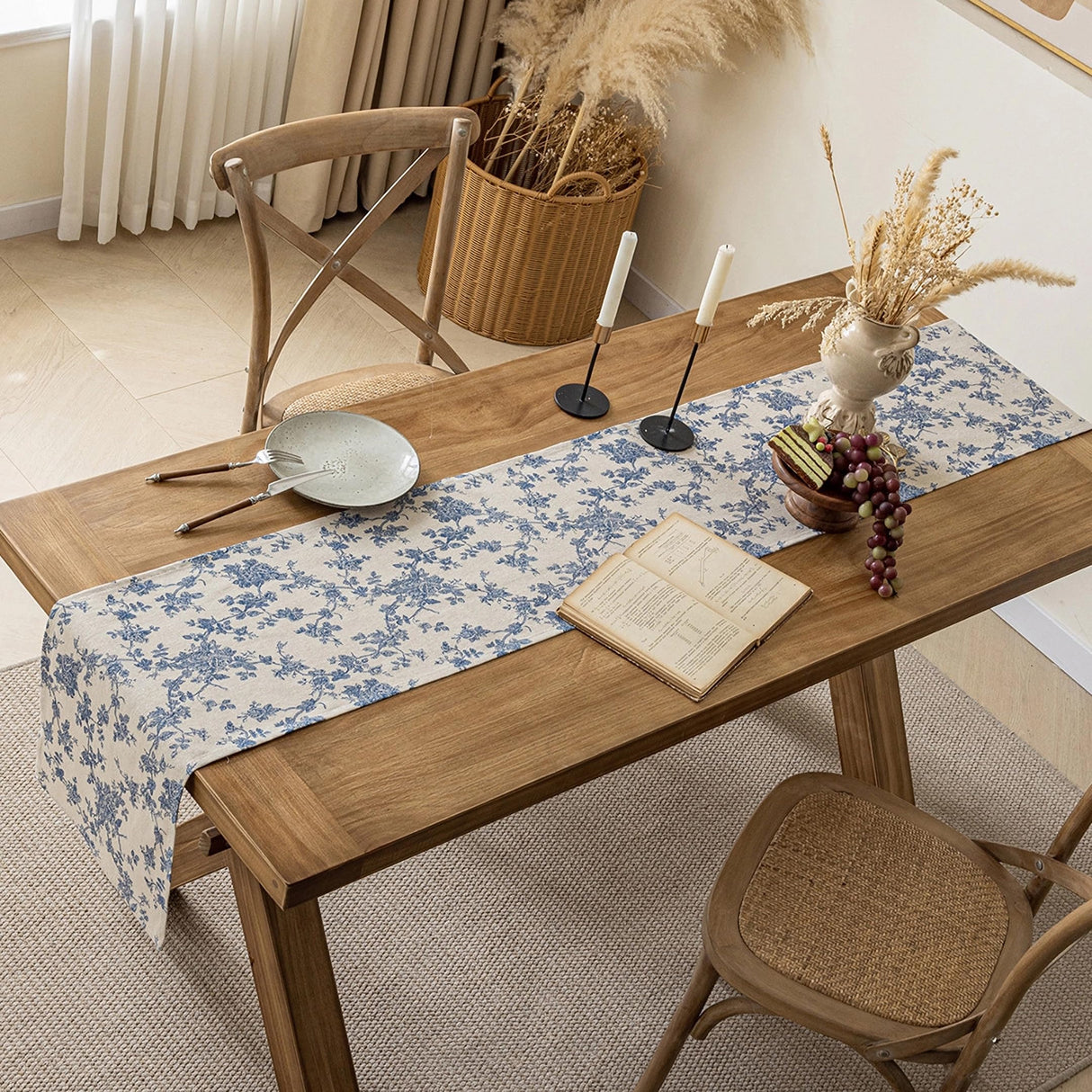 Pastoral Table Runner - 14 x 72 Inch Rectangle - Beige Linen - Washable Tabletop with Dust-Proof Wrinkle Resistant for Restaurant, Picnic, Indoor and Outdoor Dining, Floral (Dark Blue) YiHomer