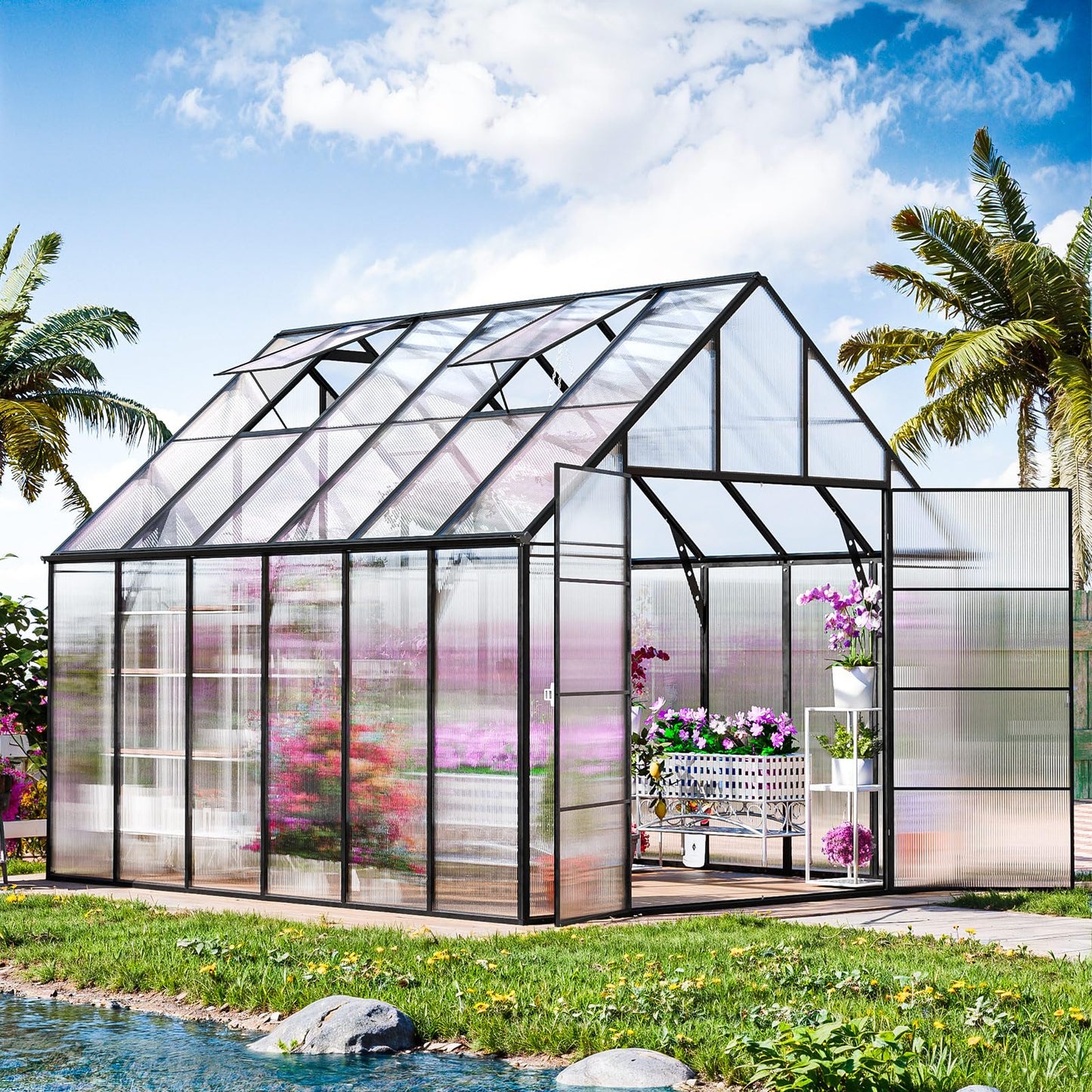 CDCASA 12x10 FT Greenhouse for Outdoors, Easy Assembly Large Aluminum Heavy Duty Polycarbonate Greenhouses Kit w/3 Window, Swing Door, Walk-in Green House for Outsides, Sunroom, Backyard, Garden