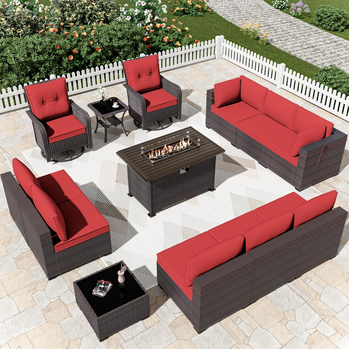 Kurapika 13 Pieces Patio Furniture Set, Rattan Wicker Outdoor Conversation Sets w/43in Propane Fire Pit Table, Swivel Rocking Chairs Patio Sectional Sofa w/4 Inch Cushion, Red Kurapika