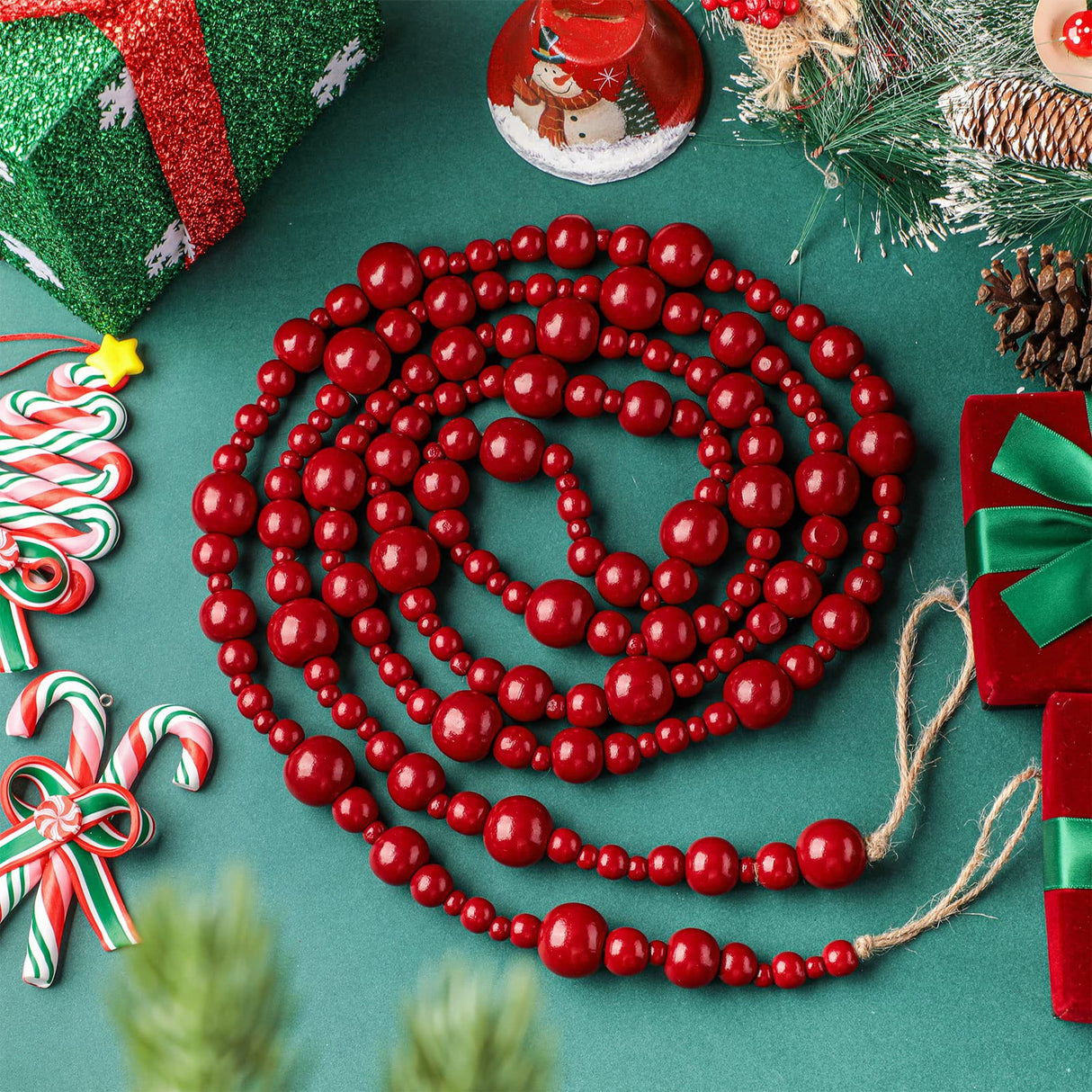 2 Pcs/ 16.4 Feet Christmas Wood Bead Garland Rustic Christmas Wooden Beads Decorative Christmas Tree Wood Beaded Garland Decor Farmhouse Boho Ornaments for Christmas Decoration Supplies (Dark Red) Yinder