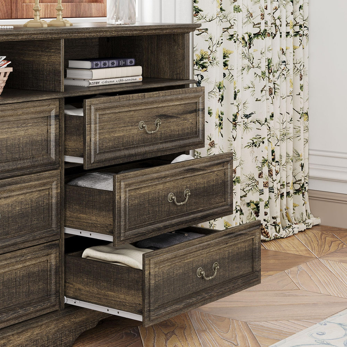 Yechen Farmhouse 6 Drawers Double Dresser, 47'' Wide Dresser Chest of Drawers with 2 Open Shelves, Dresser TV Stand, Rustic Wood Storage Dresser Organizer for Bedroom, Hallway, Entryway, Living Room Yechen