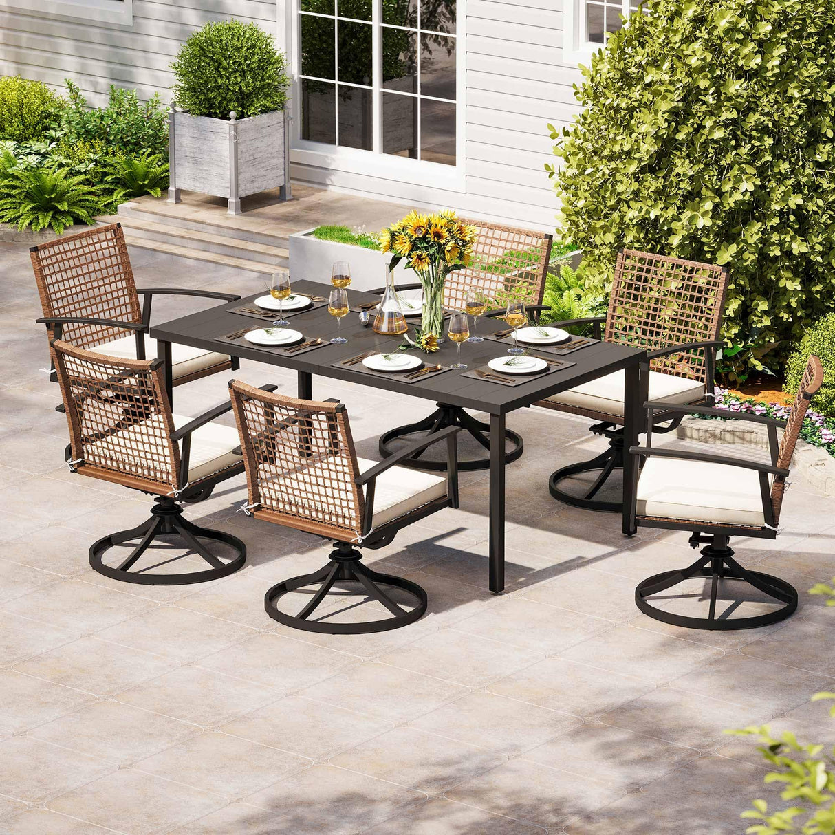 LAUSAINT HOME 7 Pieces Patio Dining Set, Outdoor Furniture Set of 6 Swivel Chairs with Soft Cushion and Iron Slats Table Top with Umbrella Hole, Conversation Set for Backyard LAUSAINT HOME