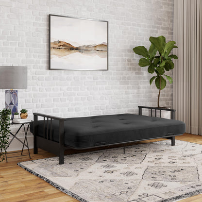 DHP Harlow Metal Arm Futon, Full Size Black Frame with 6" Grey Microfiber Mattress