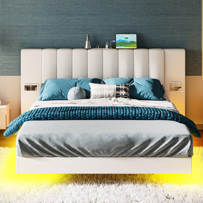 LIKIMIO Modern Floating Full Bed Frame with Padded Headboard, LED Lights & Charging Station in Beige - WoodArtSupply