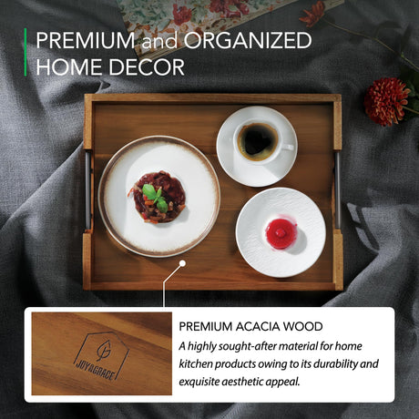 Joy&Grace Acacia Wooden Serving Tray with Metal Handles 16.7 x 12.8 inch Decorative Ottoman Tray for Living Room Coffee Table (Color Natural) Joy&Grace