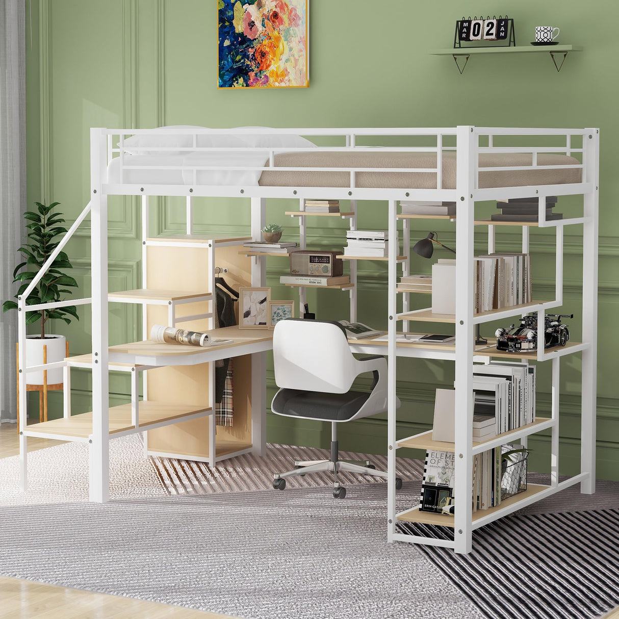 RuiSiSi Multifunctional Full Metal Loft Bed with Integrated Desk, Wardrobe, and Shelves in White RuiSiSi