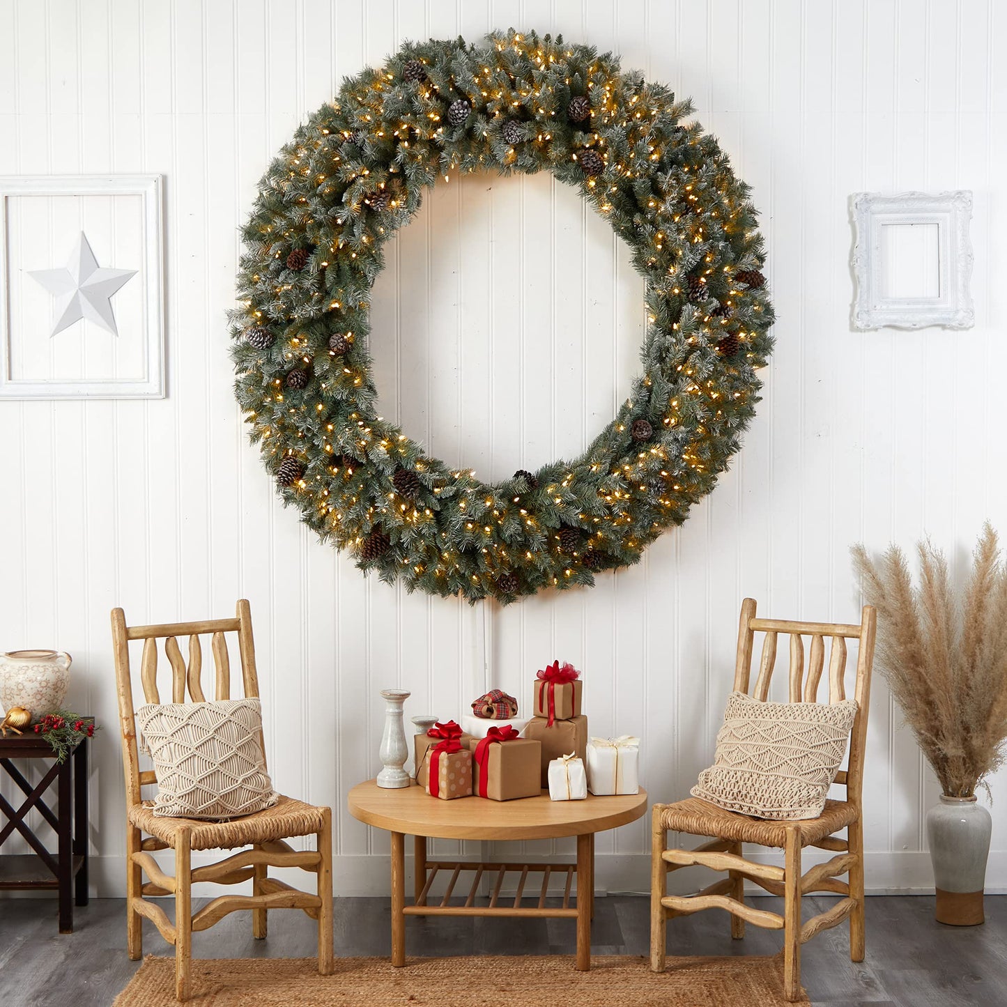 Nearly Natural 6ft. Giant Flocked Christmas Artificial Wreath with Pinecones, 600 Clear LED Lights and 1000 Bendable Branches