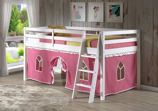 Roxy Pine Twin Junior Loft Bed, White Finish with Pink & White Tent, Guardrails, Machine Washable Polyester Tent, Variety of Colors