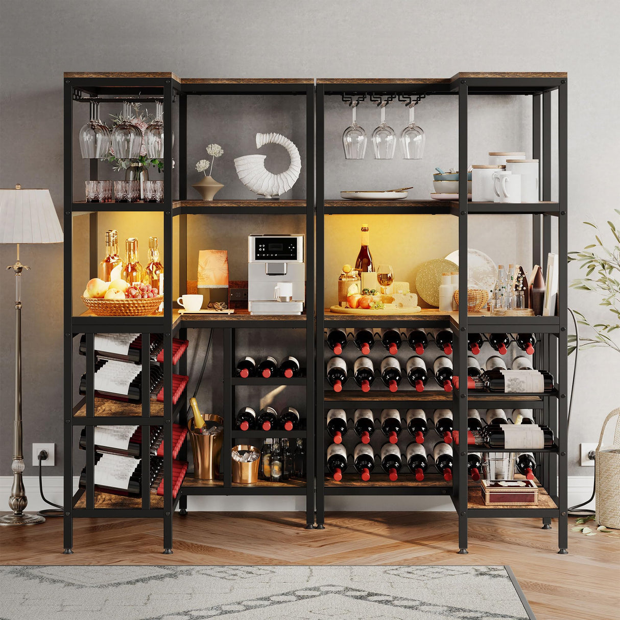 YITAHOME Large Corner Wine Rack, 63'' Corner Bar Cabinet with Power Outlet and LED Light, 5-Tier L Shaped Industrial Liquor Cabinets w/Glass Holder, Open Display Cabinet for Home, Brown YITAHOME