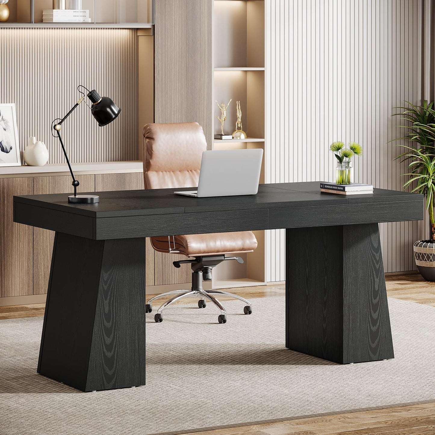 Tribesigns 55 Inches Executive Desk, Mid-Century Modern Home Office Desk with Double Trapezoid Base, Wood Computer Desk Business Workstation Desk Small Conference Table, Black