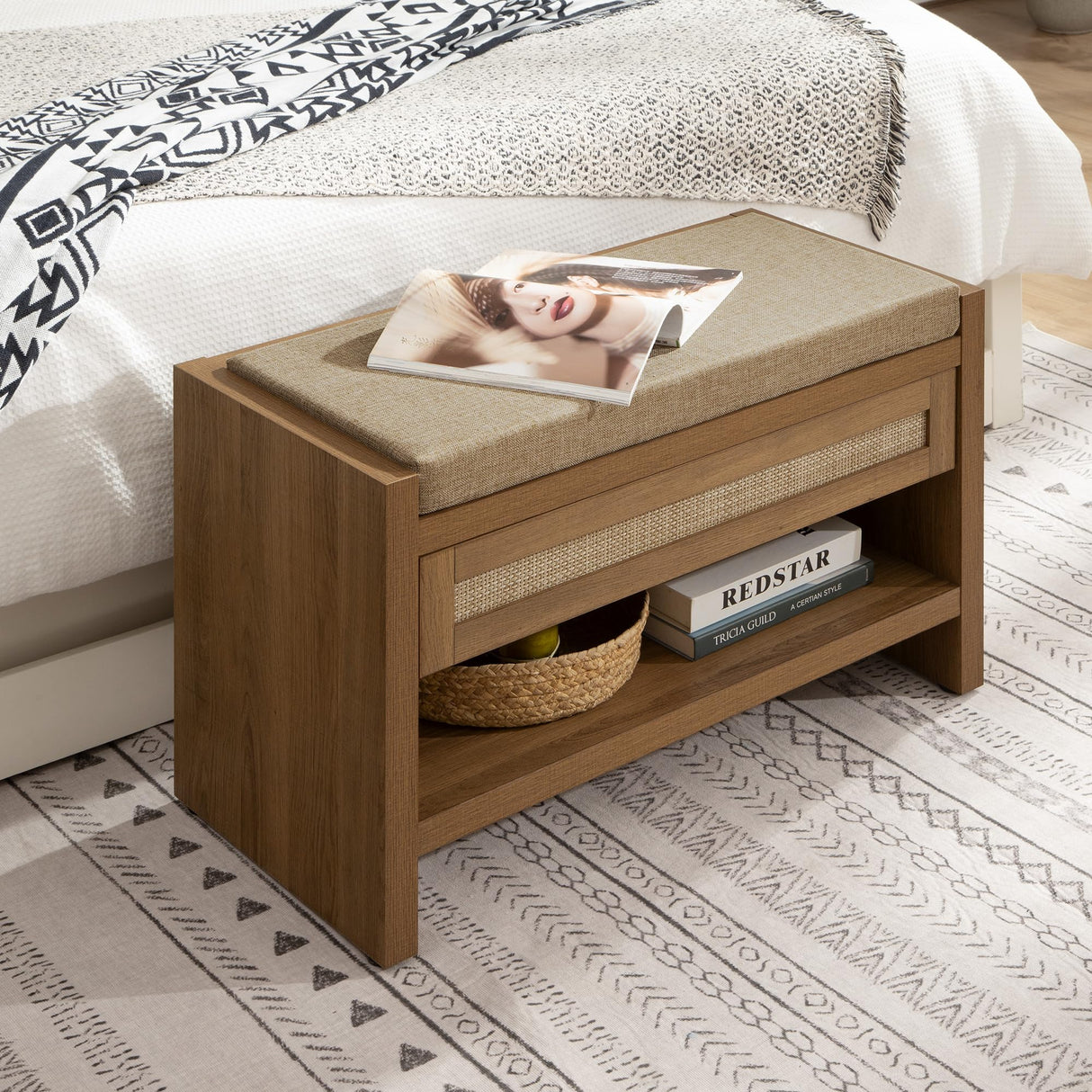 SICOTAS Rattan Shoe Bench Entryway Bench with Storage Drawer and Linen Seat Cushion, Farmhouse Boho Shoe Rack Bench with Shelf, Wooden Storage Bench for Entryway Hallway and Bedroom, Natural Oak, 2PCS SICOTAS