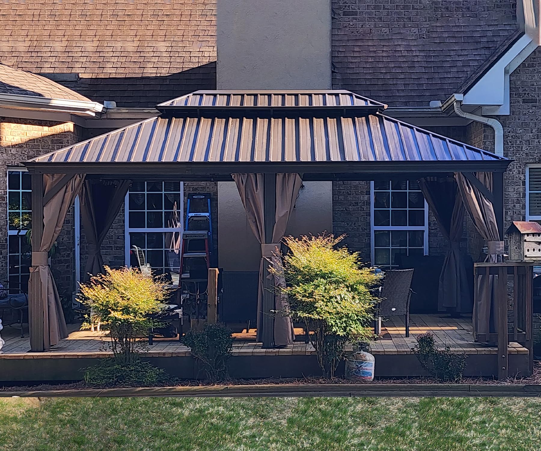 12' x 20' Hardtop Gazebo Outdoor Aluminum Gazebos with Galvanized Steel Double Canopy for Patios Deck Backyard,with Curtains&Netting by domi outdoor living Brown - WoodArtSupply