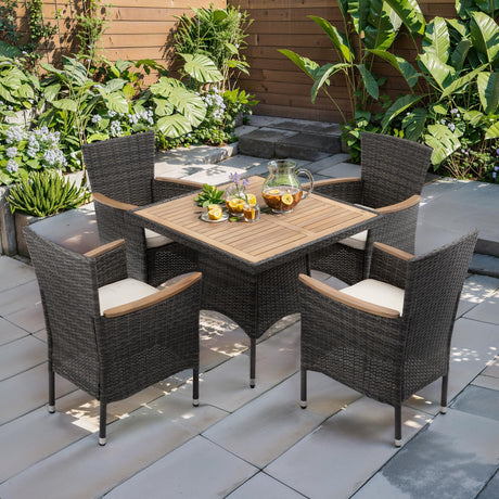 RoyalCraft 5 Piece Patio Wicker Dining Sets for 4, Water-Resistant Rattan Outdoor Dining Table and 4 Chairs with Wood Table Top, Conversation Set Removable Cushions for Deck, Garden, Backyard, Gray RoyalCraft