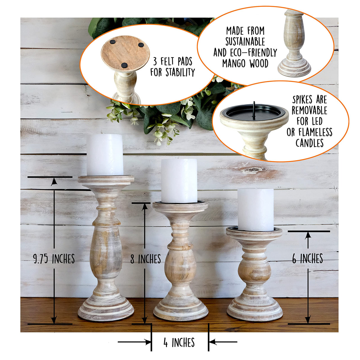 Candle Holders for Pillar Candles, Wooden Table Centerpiece, Set of 3, Wood Candle Holders, Rustic Pillar Candle Holder, Farmhouse Candle Holders Fireplace White MAINEVENT