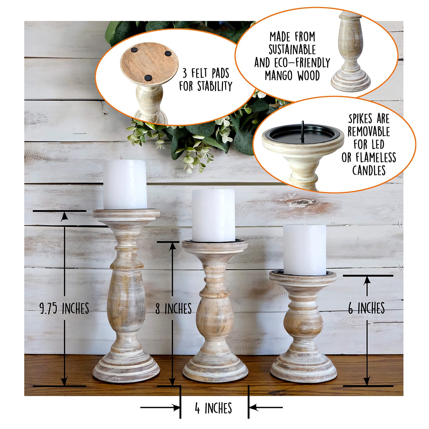 Candle Holders for Pillar Candles, Wooden Table Centerpiece, Set of 3, Wood Candle Holders, Rustic Pillar Candle Holder, Farmhouse Candle Holders Fireplace White - WoodArtSupply