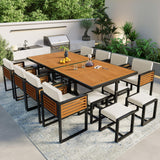 Merax 18 Pieces Outdoor Dining Set for 16 People, Acacia Wood Patio Furniture Sets with 2 Square Tables, 8 Cushioned Chairs and 8 Ottomans for Backyard, Garden, Lawn, Poolside, Beige Merax