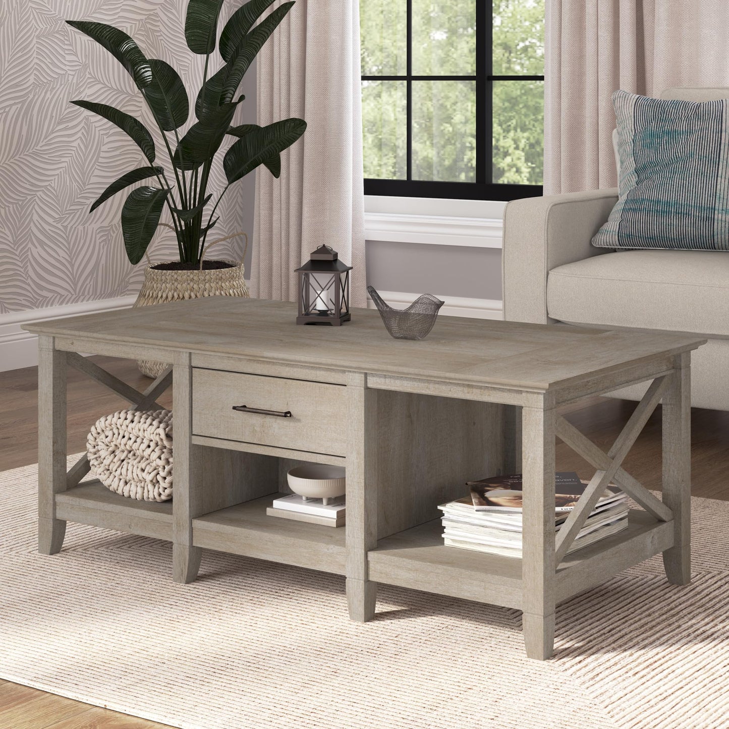 Bush Furniture Key West Coffee Table with Storage in Washed Gray - WoodArtSupply