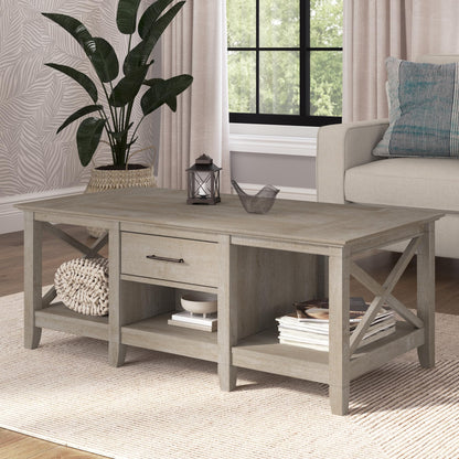 Bush Furniture Key West Coffee Table with Storage in Washed Gray - WoodArtSupply