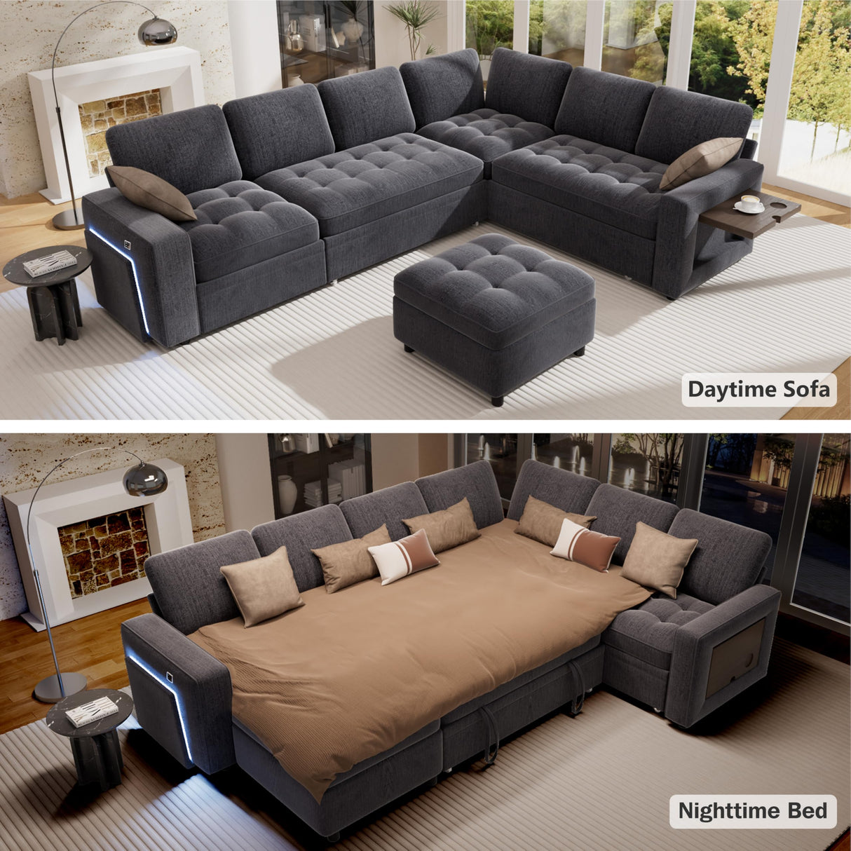 Vipbear 7 Seat L Shaped Modular Sectional Sleeper Sofa Bed with Ottoman/Pull Out Bed/Reclining Backrest/USB Ports/Table/LED Light/Storage Seat, Tool-Free Assembly, Chenille Dark Grey Vipbear