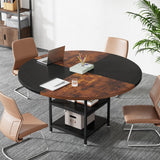 Tribesigns 47-Inch Round Conference Table for 4-6 People, Wood Meeting Room Table with Storage Shelf and Metal Legs, Modern Office Training Desk for Conference Room Seminar Room (Black Brown) Tribesigns