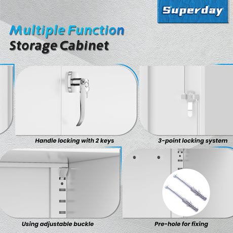 Superday 71" Lockable Steel Storage Cabinet, Locking Metal Storage Cabinets, Tall White Cabinet with 2 Doors and 4 Adjustable Shelves for Garage, Superday
